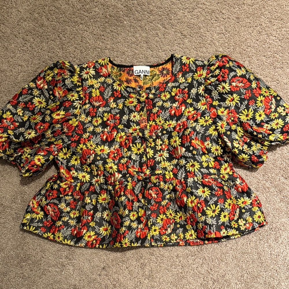 Ganni Black Floral Peplum Blouse with Red and Yellow Flowers